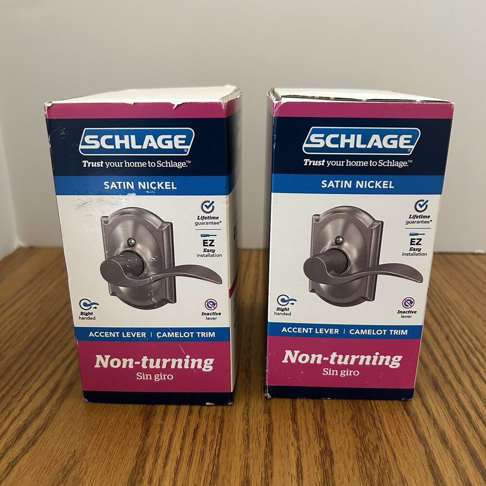 2 Schlage Right Handed Accent Door Lever Camelot Trim Satin Nickel Non-Turning